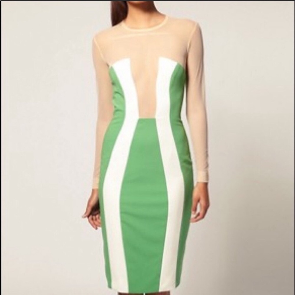 AQAQ Green & White Long Sleeve Midi Bodycon Dress